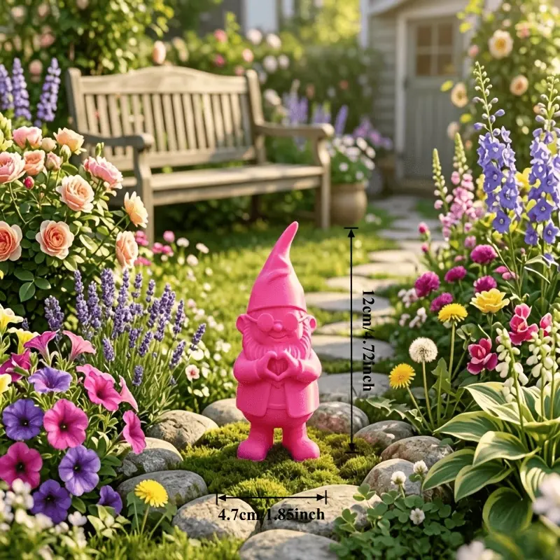 Pink Heart Garden Gnome Statue, Cute Fairy Garden Decor with Sunglasses, Whimsical Dwarf Figurine Outdoor Ornament, Fun Home Garden Gift