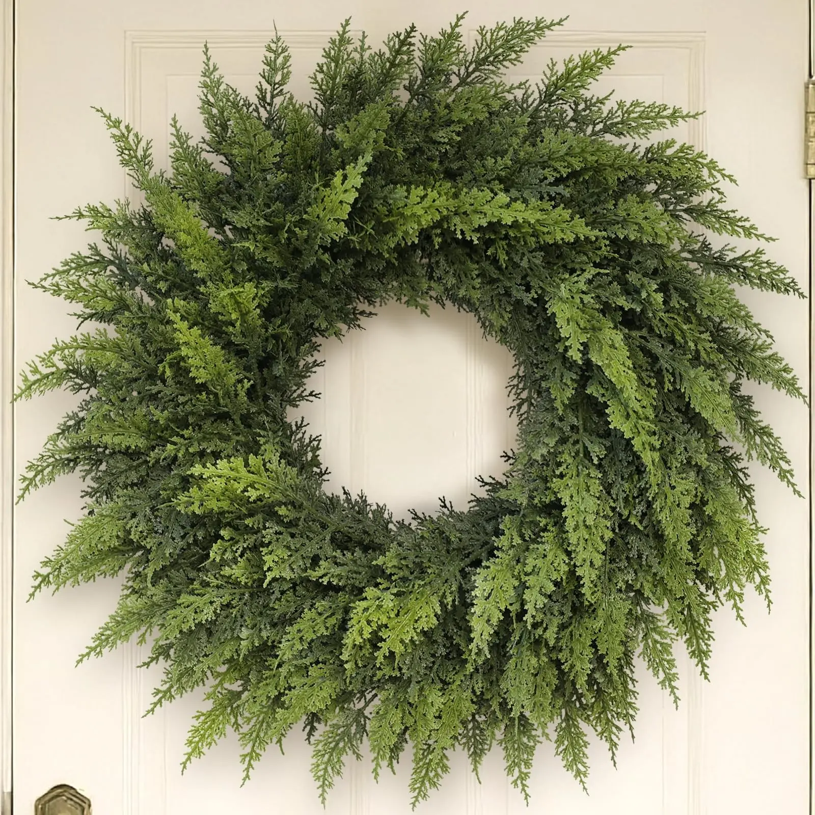 2pcs 22inch Full Natural Looking Faux Cedar Wreath, No Berries or Bow Plain Green Evergreen Wreath, Versatile Seasonal Hanging Decor, Ideal for Front Door, Hallway, Patio, Wedding, Thanksgiving, Christmas Party and Farmhouse Indoor Outdoor Home Display