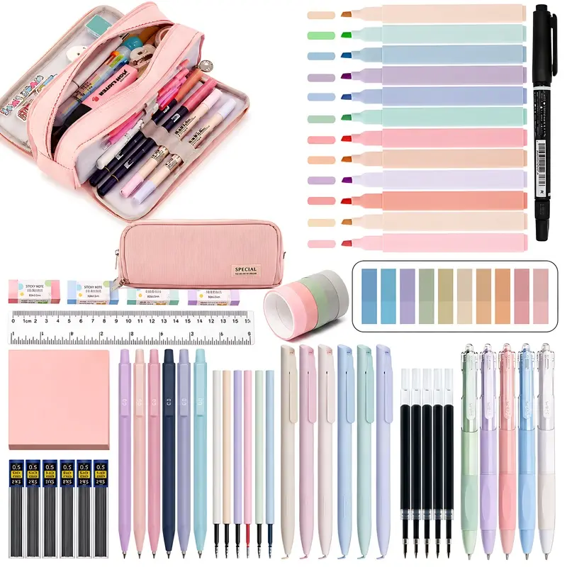 56-Piece Stationery Set with Pencil Case, All-in-One Writing Supplies Kit with Ballpoint Pens, Gel Pens, Mechanical Pencils, Highlighters, Erasers and Desk Accessories