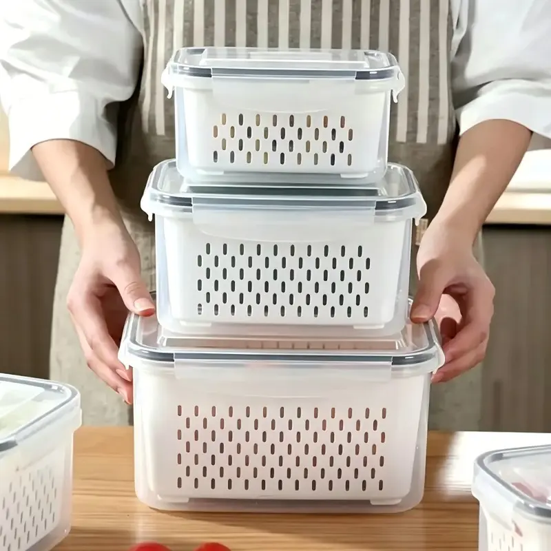 3-Piece Refrigerator Fruit Storage Containers with Removable Filter, BPA-Free Food Storage, Stackable, Leak-Proof, Kitchen Essentials, Kitchen Plastic Containers