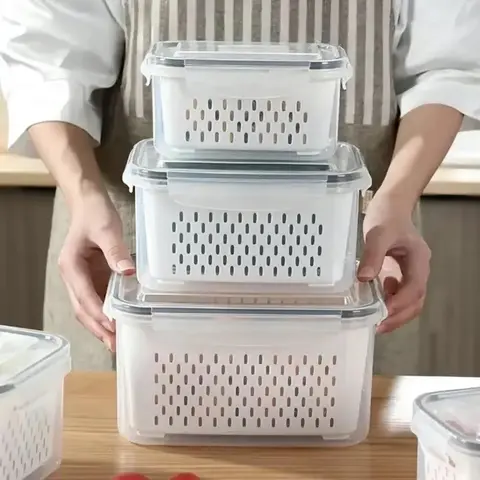 3pcs Food Storage Containers with Drain Basket and Lid, Leak-Proof Reusable Kitchen Organizer, Food Grade Plastic, Ideal for Fridge and Picnics