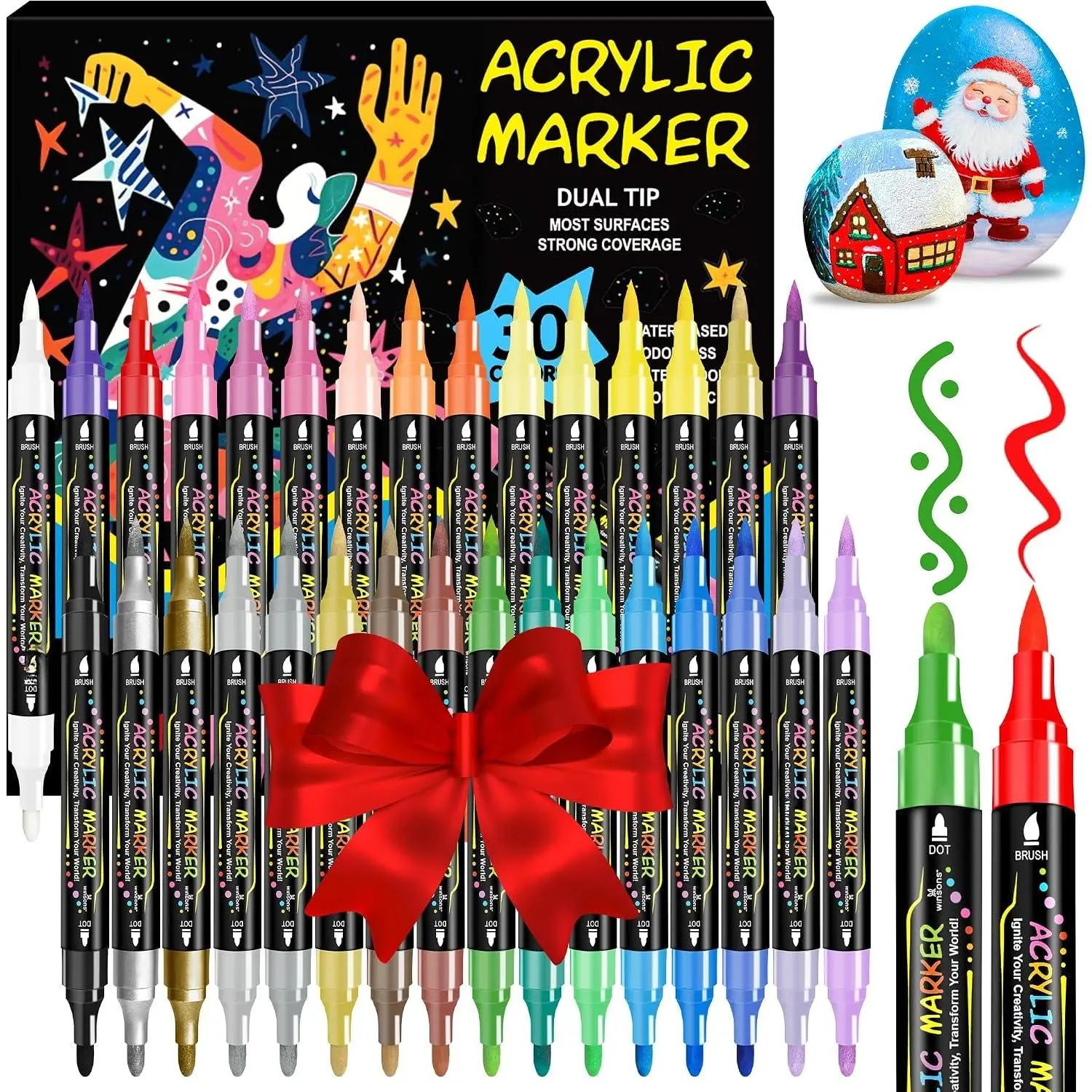 30 Colors  Tip   Markers Pens-    Markers, Brush & Round Tips, Quick-Drying - for Rock, Canvas, Ceramic,  (30 Colors)