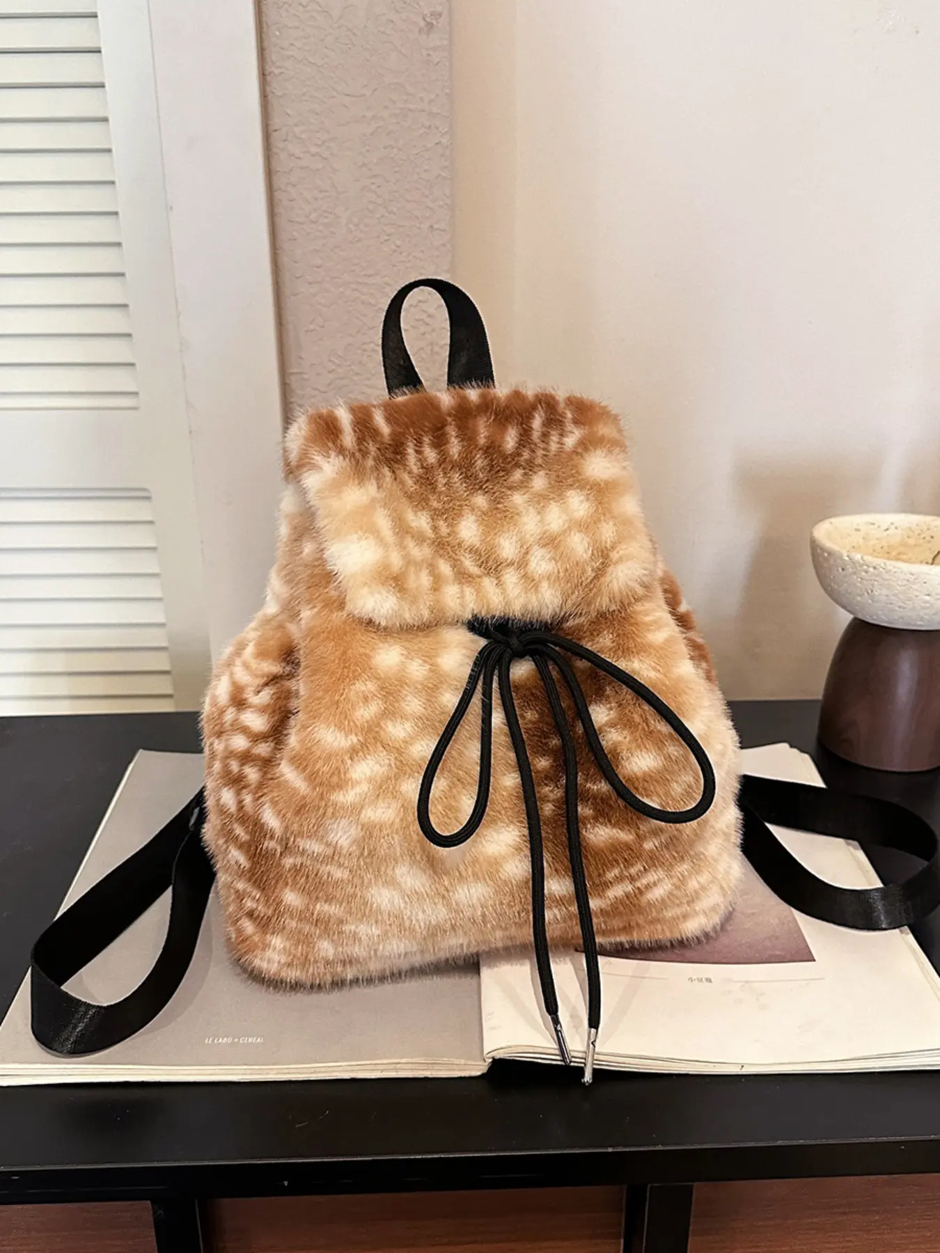 Autumn Winter Plaid Deer Pattern Fuzzy Backpack, Soft Imitation Fur Drawstring Bag, Adjustable Strap, Large Capacity, Perfect Gift, Fashion Backpack Purse