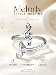 A women's 925 silver plated elegant and sexy music symbol open ring, fit various finger sizes, nickel-free, simple style, casual fashion, anti-allergic, suitable for daily wear, birthday gift, jewelry
