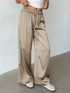 Women's Low Waist Casual Retro Satin Wide Leg Pants, Bohemian Style Long Pants, Versatile Fashionable Bottoms for Everyday Wear