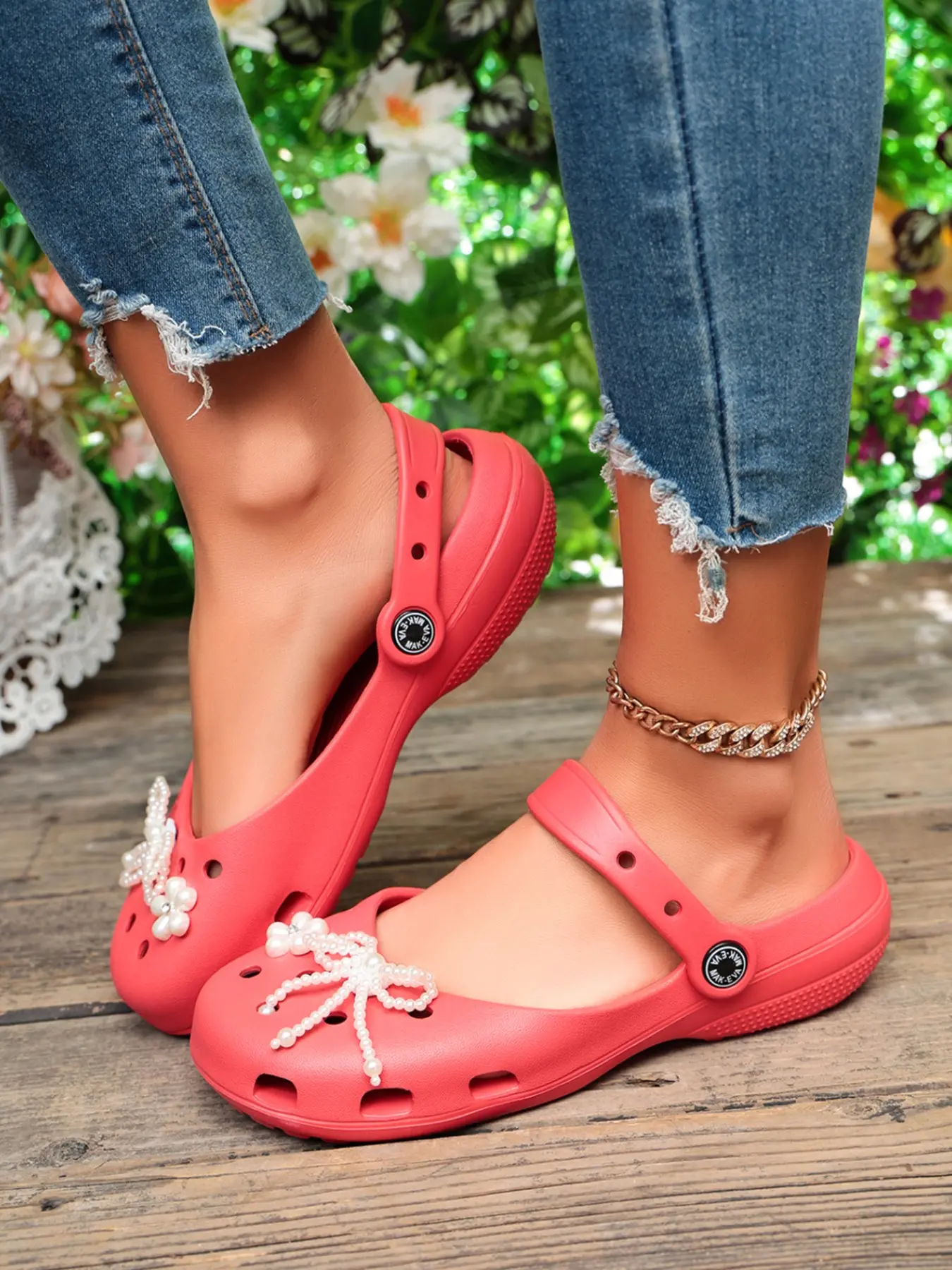 Women's Waterproof Eva Sandals, Detachable Pearl Butterfly Flower, Adjustable Back Strap, Breathable Non-Slip, Summer Casual Shoes, Outdoor Beach Slippers