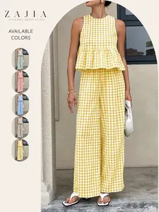 Women’s 2 Piece Gingham Set, Sleeveless Ruffle Top & Wide Leg Pants, Stylish Matching, Perfect for Casual Wear