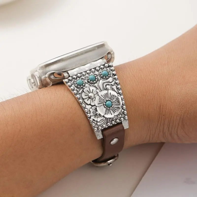 Western Boho Smart Watch Band for Women, Durable Faux Leather Strap with Turquoise Stones, Vintage Geometric & Floral Patterns, Adjustable Fit