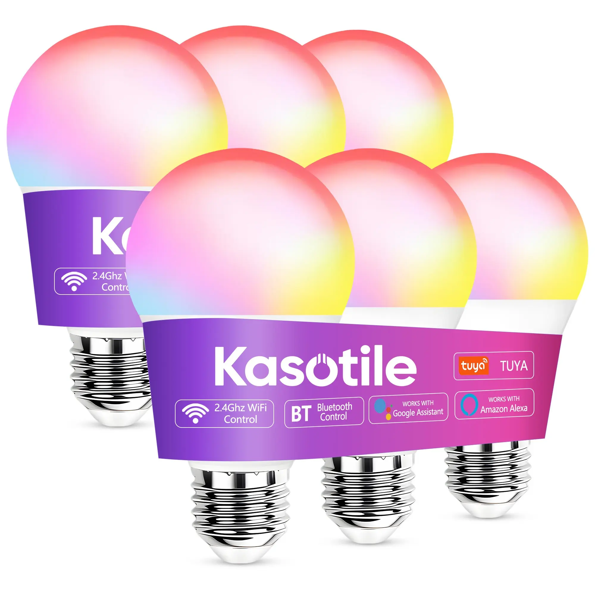 Kasotile Smart Light Bulbs 1/6 Pack, Alexa/google Home Compatible, Rgbcw Color Changing, 60w 2.4g WiFi & Ble, No HUB Required, Ul Listed