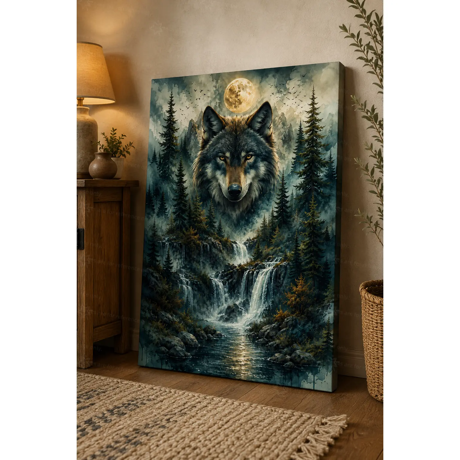 Mystic Wolf Moon Forest Waterfall Wall Art Canvas, Woodland Wildlife Landscape for Living Room Bedroom Cabin Office Decor, Decorative Poster, Poster Prints, Unframed Canvas Poster or Framed Canvas Wrap