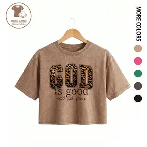 Women’s Vintage Washed “GOD IS GOOD” Leopard Print Graphic Cropped Tee, 100% Cotton Streetwear Summer Slim Fit Casual Crop Top Shirt