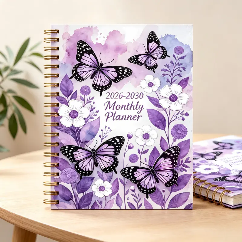 1 copy of 2026-2030 monthly notebook planner, 5-year monthly planning sheets, purple butterfly floral cover design, annual calendar planning, monthly tabs, 60-month calendar, A5 size, thickened paper, elastic cover spiral binding