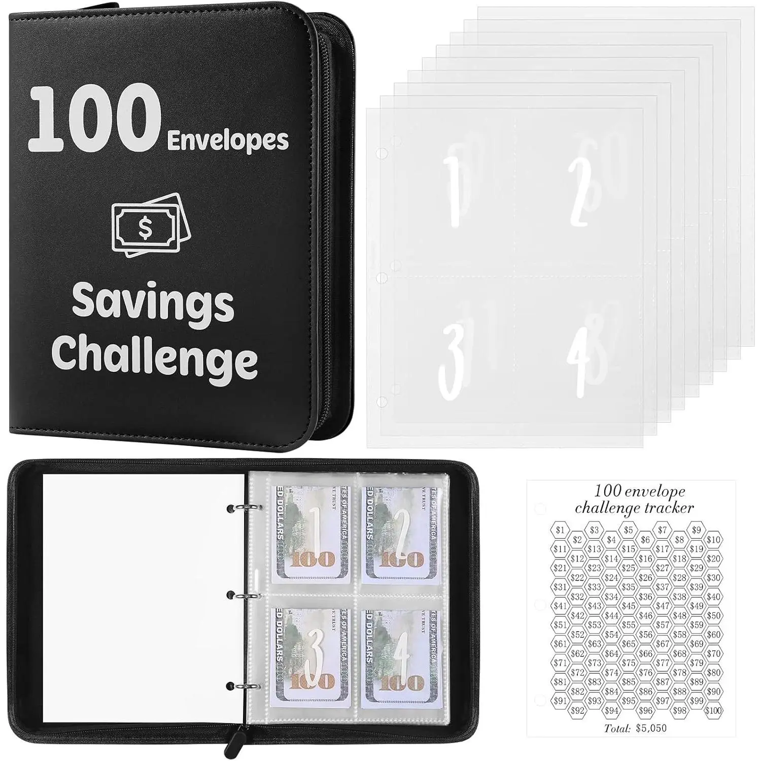 100 Envelopes Money Challenge Savings Binder with Laminated Tracker & Cash Envelopes, Zipper Budget Book to Save $5,050 – Black(Gift)