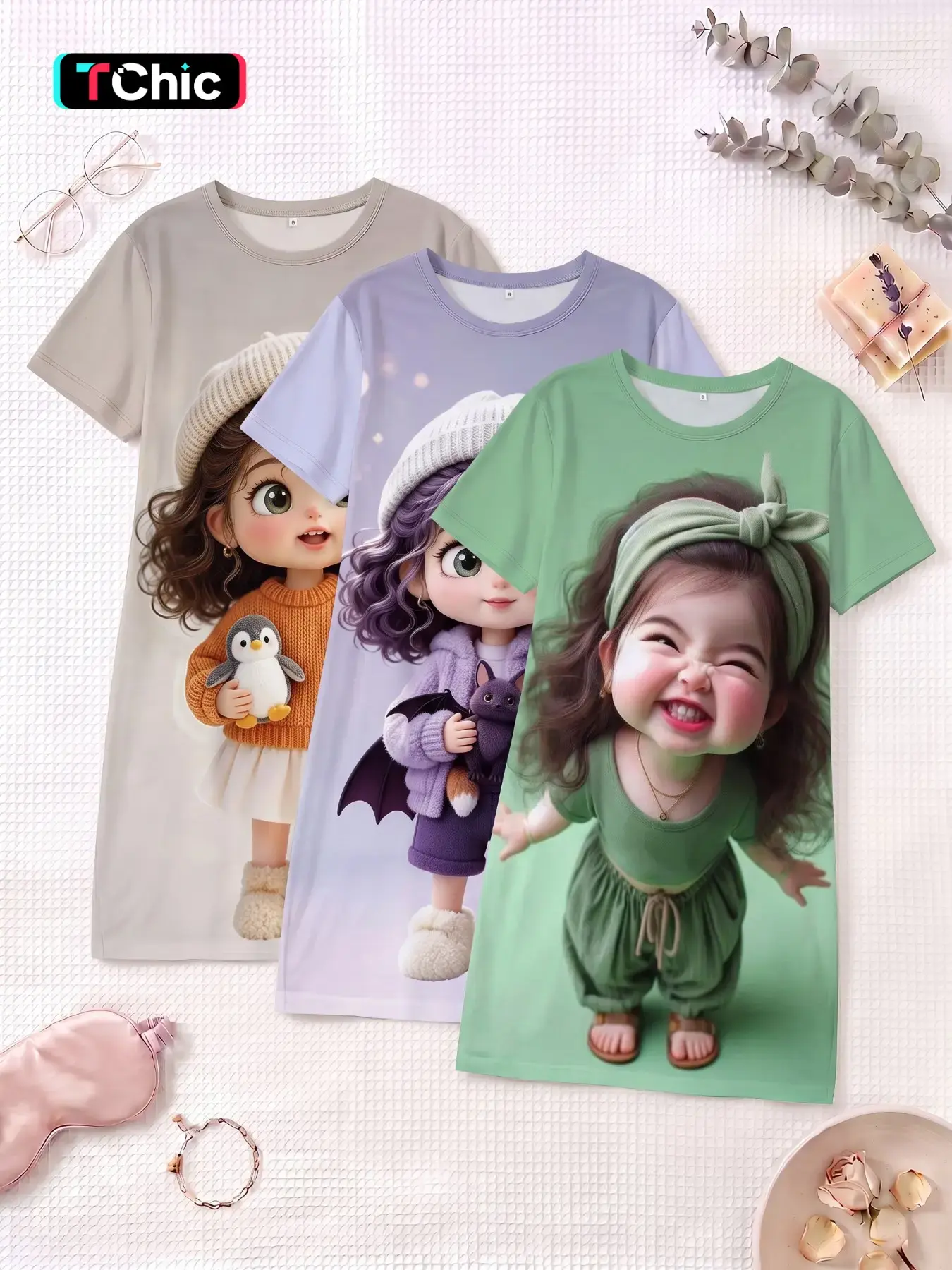 3-Pack Cute Cartoon Girl Print Nightdresses, Round Neck Short Sleeve, Breathable Slim-Fit Sleepwear for Spring Summer
