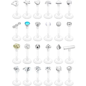 24Pcs Medusa Lip Piercing Jewelry 16G Labret Studs, Clear Plastic Acrylic Tragus Helix Cartilage Conch Earrings, Bioflex Lip Rings Push In Nose Studs Piercing Retainers Flat Back