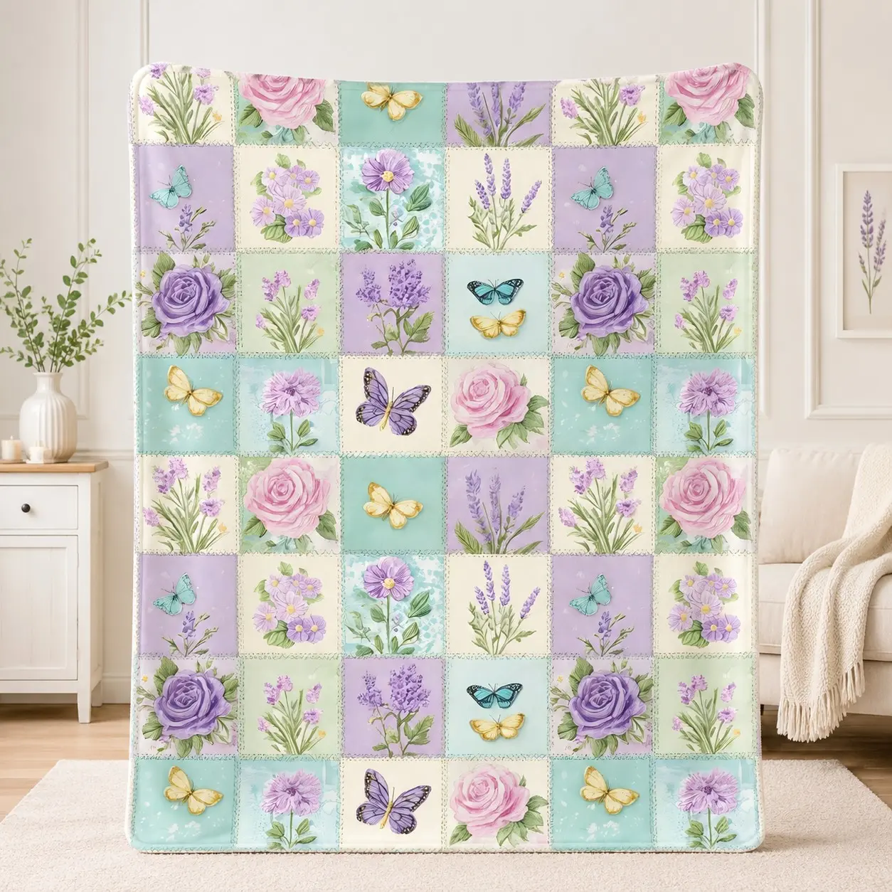 Pastel Floral Butterfly Patchwork Blanket, Lavender Rose Flannel Throw, Cozy Home Decor, Sofa Bed Blanket Gift, Soft & Warm