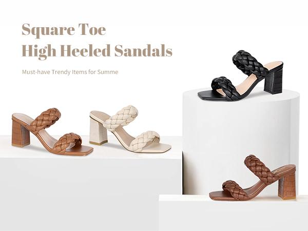 Women's Braided Heeled Sandals Summer Square Open Toe Chunky Block Heels Women's Braided Heeled Sandals Summer Square Open Toe Chunky Block Heels