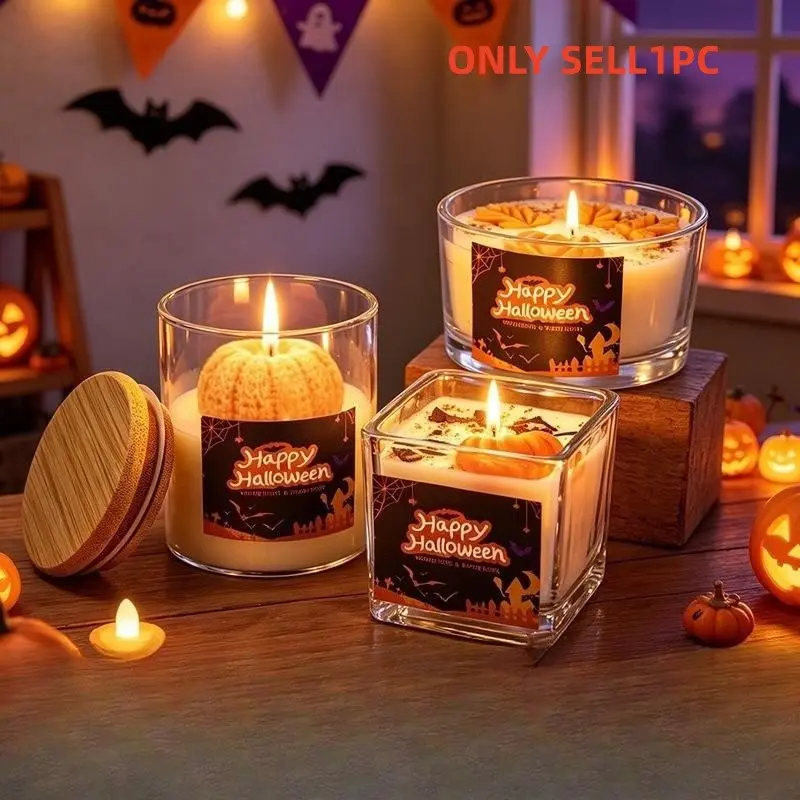 Halloween Pumpkin Scented Soy Candles, Clear Glass Jar with Wooden Lid, 3 Fragrances, Aromatherapy Desktop Ornament, Spooky Home Decor