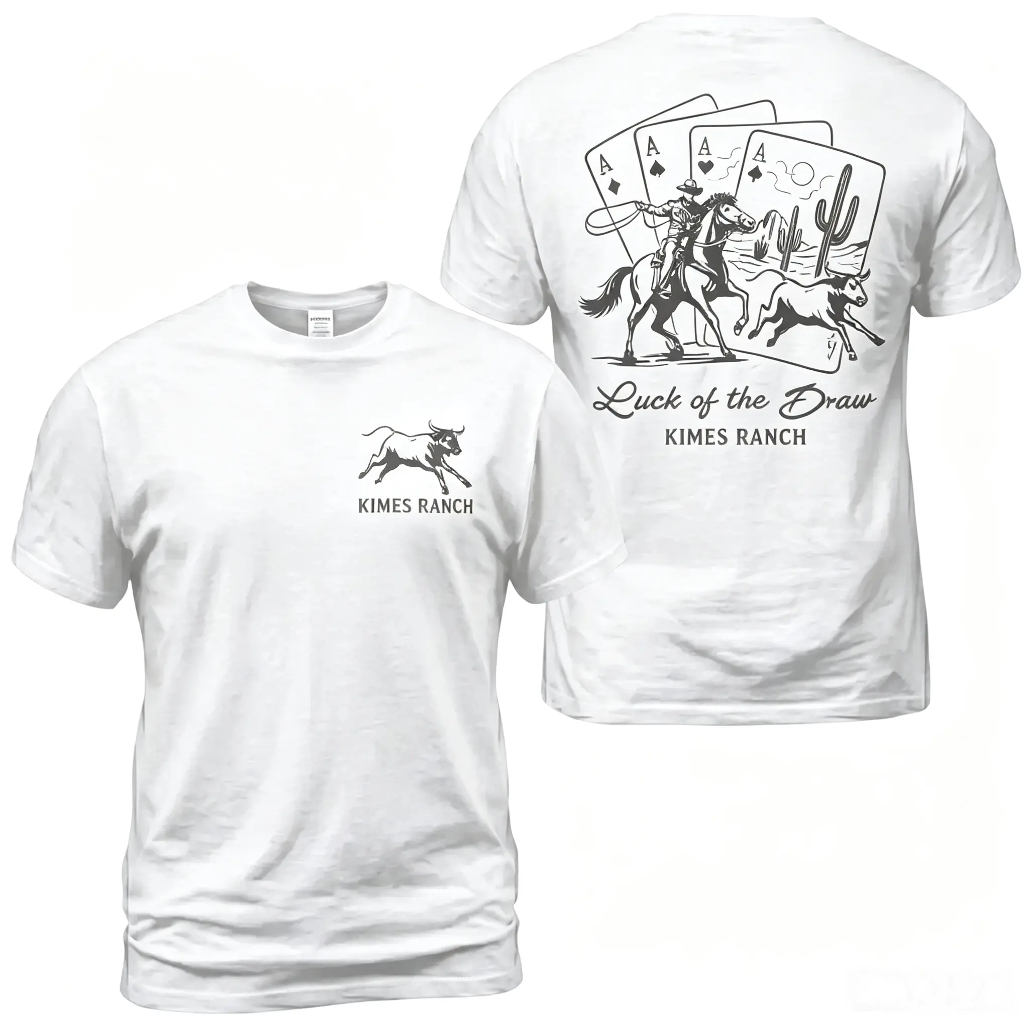 Kimes Ranch Luck Of The Draw Cowboy T-Shirt, Western Rodeo Graphic Tee With Playing Cards Horse Rider And Dog Back Print, Front Chest Kimes Ranch Logo Shirt, Country Ranch Lifestyle Apparel Gift for Men and Women