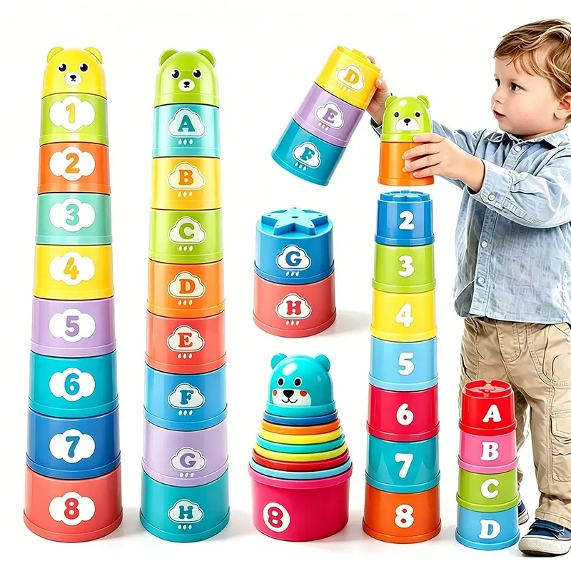 Kids Stacking Cups Rainbow Fold Cup Baby Early Education Puzzle Toy Color Sorting Training Hand Speed Competition Birthday Gifts Toy