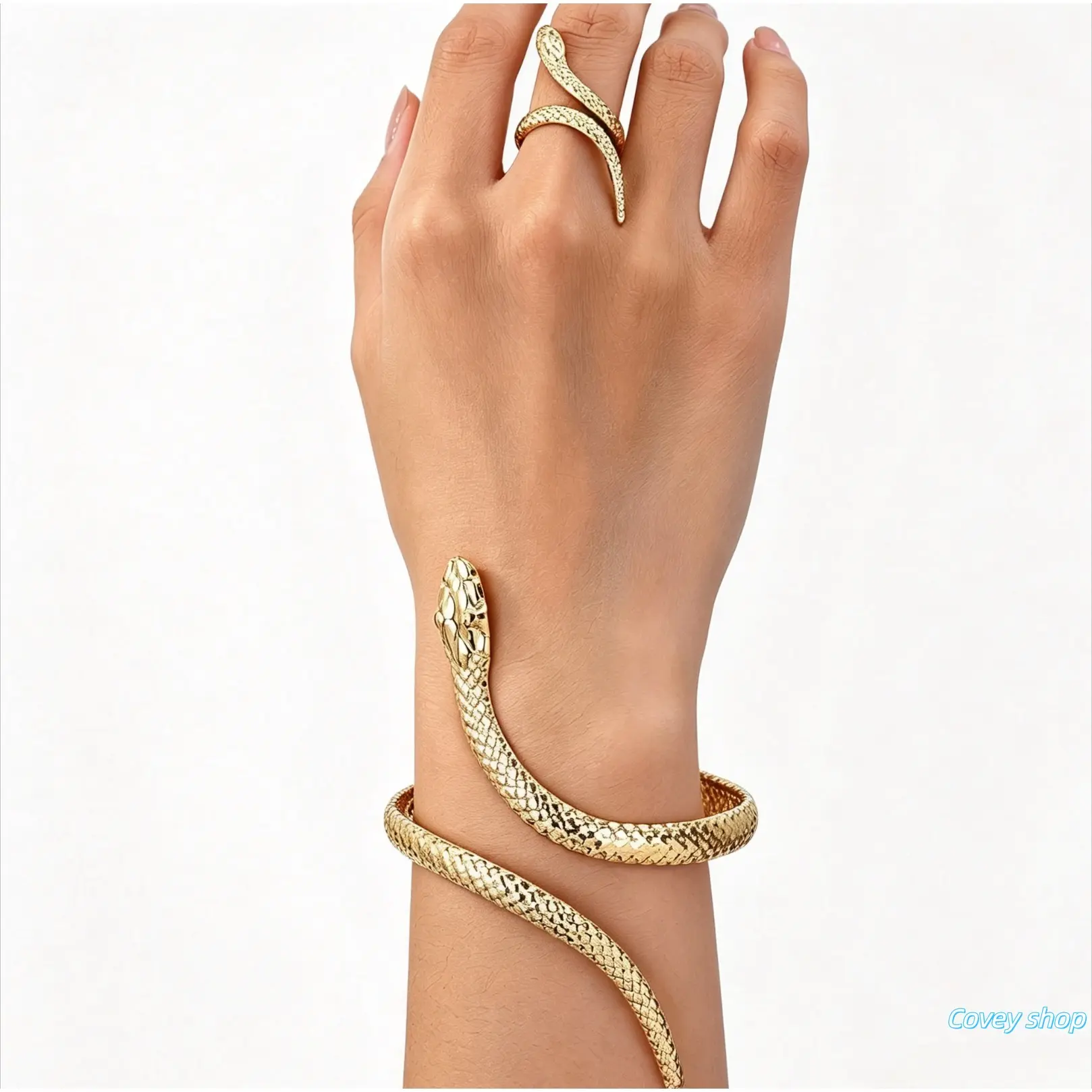 Women’s Gothic Punk Serpent Jewelry Set - Goth Accessories, Vintage Textured Adjustable Snake Bracelet, Open Ring Matching Pair, Snake Motif Accessory for Daily Outfits, Parties
