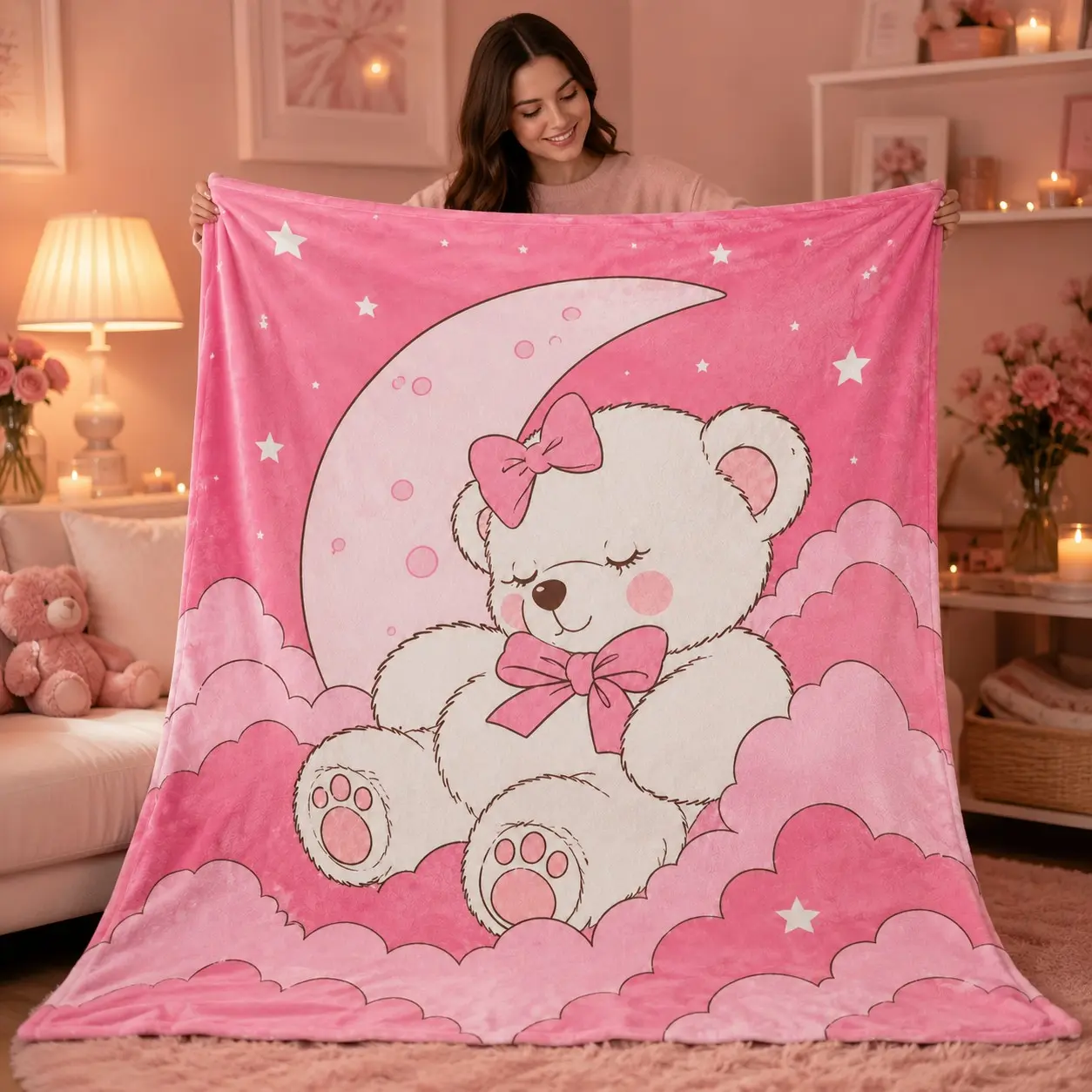Cute Teddy Bear Flannel Blanket, Dreamy Moon & Cloud Print, Soft Cozy Lightweight, Ideal for Girls Bedroom, Nursery, Sofa, Bed, Gifts