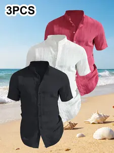 3-Pack Men's Summer Short Sleeve Shirts, Plain No Print Design, Lightweight Breathable Stand Collar Button Shirt, Beach Pool Wear