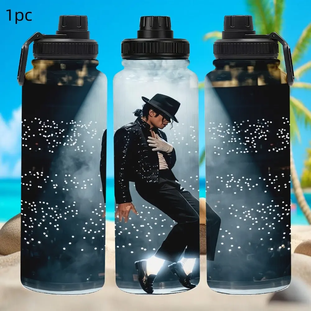 1pc 33oz Michael Jackson famous scene print water jug, large capacity portable screw-cap cup, gift for fans, portable water bottle, stainless steel insulated cup