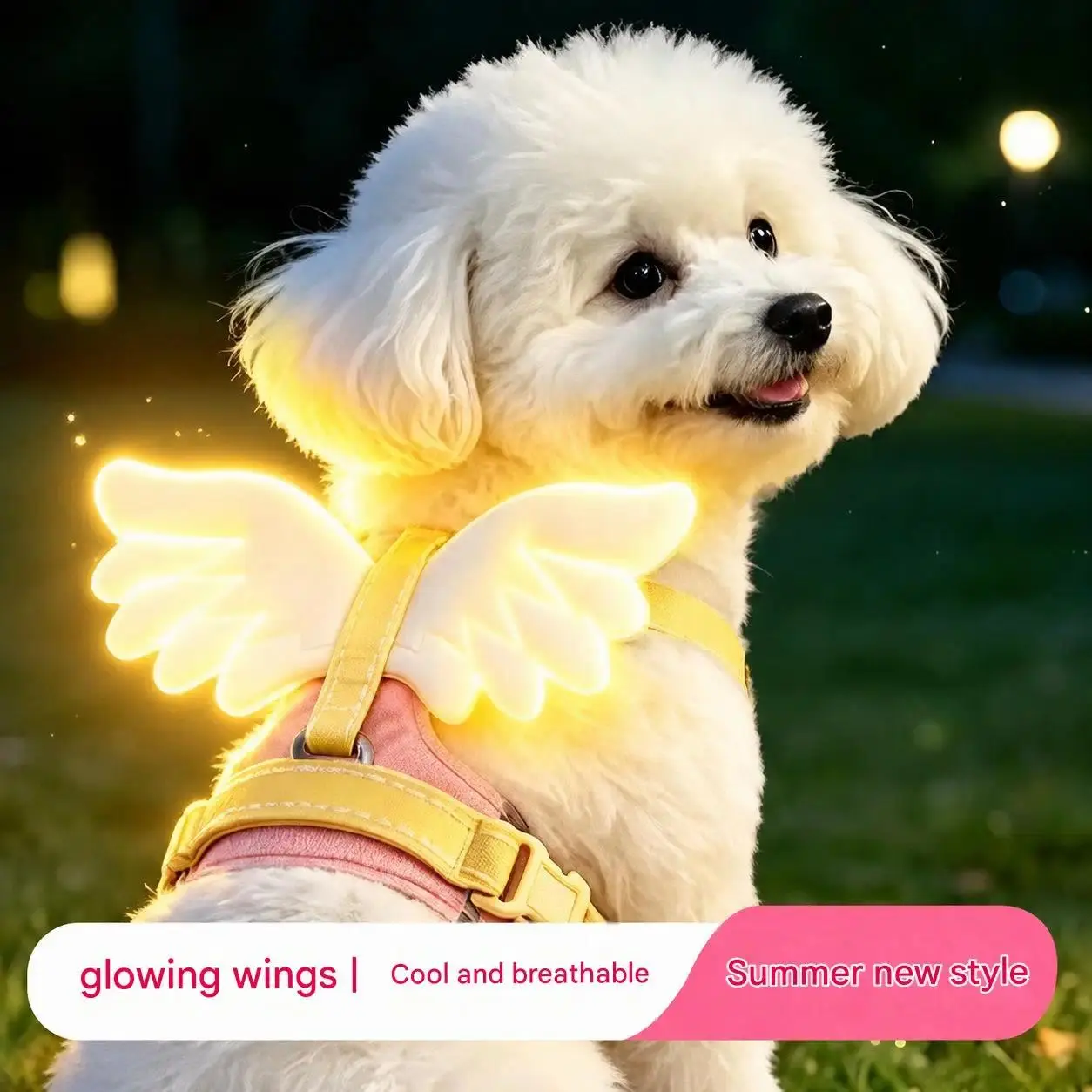 Angel Wings Glowing Dog Harness Set - Breathable Fabric Vest Strap with Pet Leash, Multi-Size for Small Medium Large Puppies, Outdoor Walks Gear, Glowing Wings
