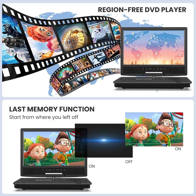 12.5" Portable DVD Player for  with 10.5" Swivel Screen, 5 Hours Rechargeable ,  DVD Player with Headrest Mount, Dual Speakers, Remote Control, Support USB/SD Card/Sync TV