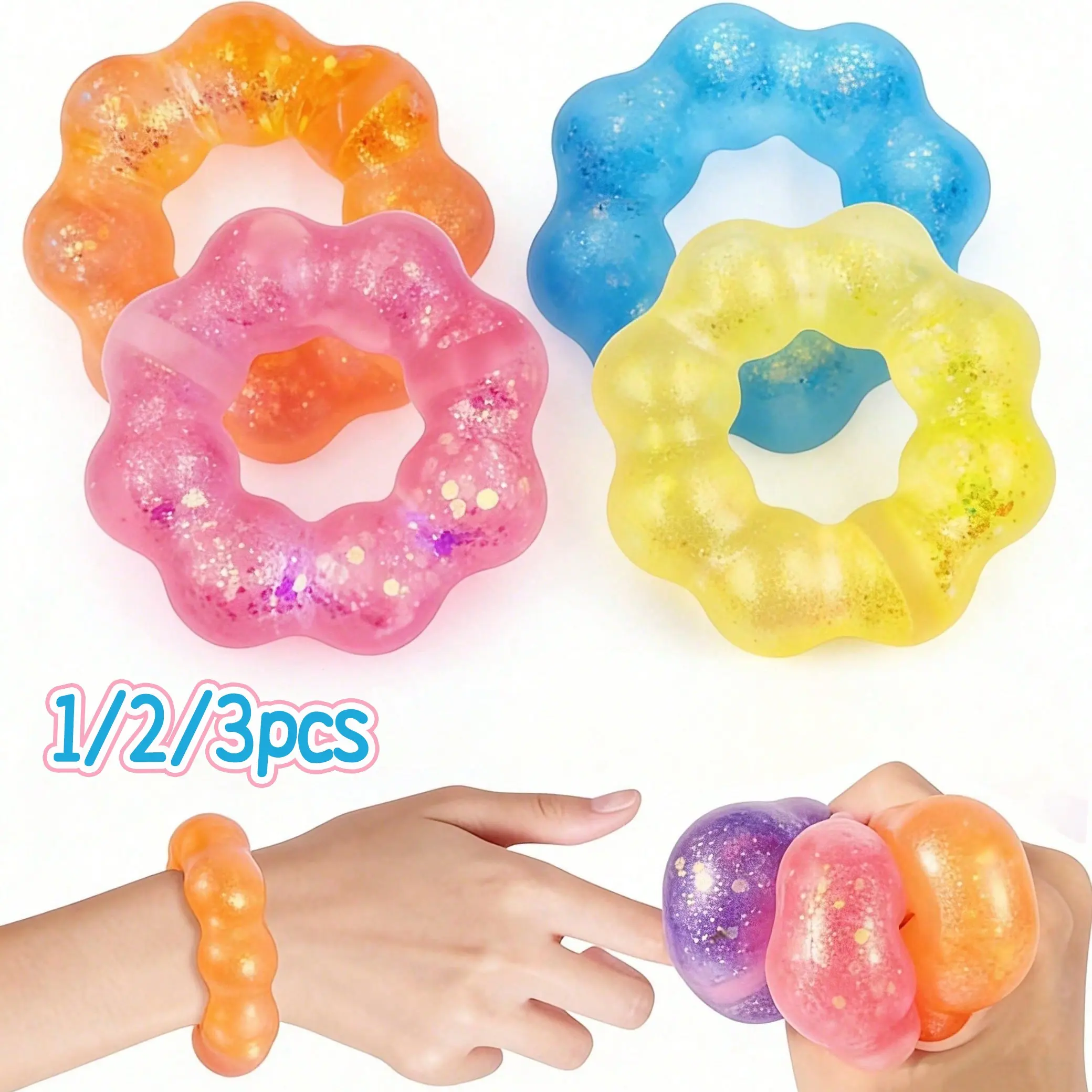 1/2/3PCS Squeeze Toys, Wearable Bracelet Stress Balls Fidget Toys, Soft Donut Stress Relief Sensory Toy for Kids Adults, Squeeze Balls Stress Toys for Party Favors Goodie Bags Stuffers