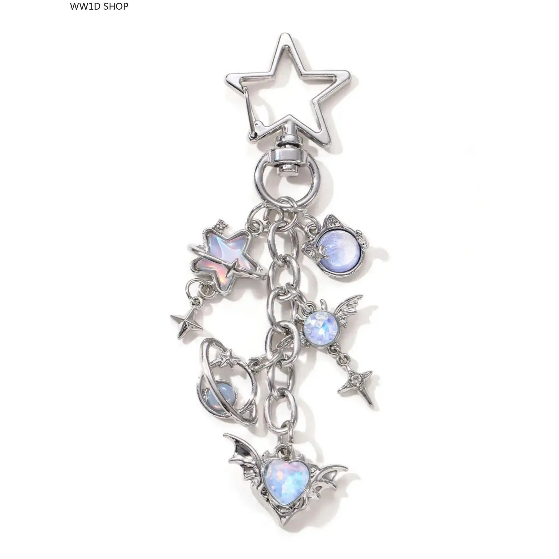 Star Cross Heart Wings Moonstone Keychain for Women, Alloy Pendant Accessory for Handbags, Backpacks and Keys, Y2K Daily Carry Charm