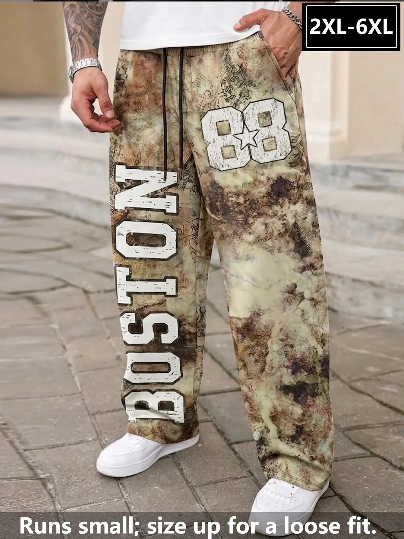 Plus Size Men's Camo Tie Dye Wide Leg Sweatpants Jogging Pants 2XL-6XL, Vintage Distressed "BOSTON 88" Varsity Letter Print Baggy Straight Trousers, Soft Breathable Streetwear Joggers Ideal for Urban Street Style & Daily Casual Outfits