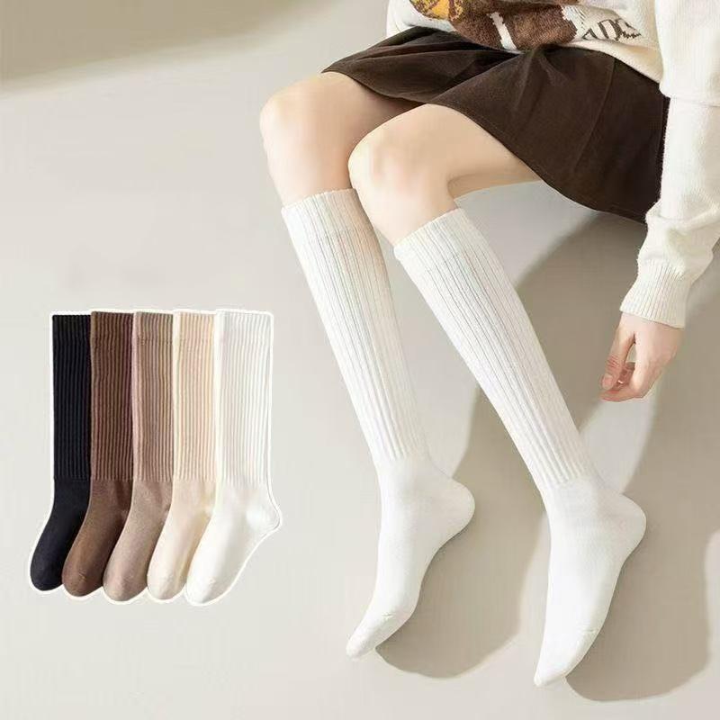 5-Pair Compression Calf Socks, Women's Vertical Stripe Solid Color Calf Socks, Versatile Slouch Socks