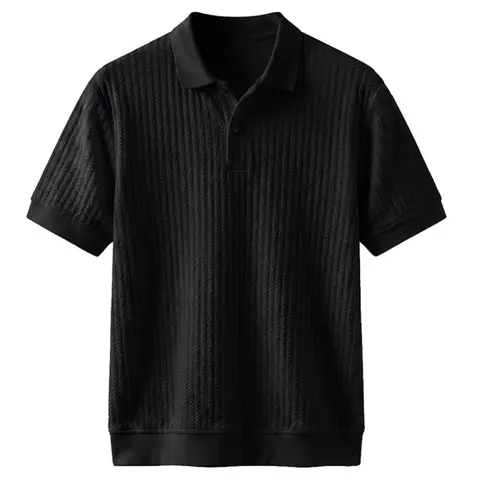 Men's Classic Vertical Textured Knit Collared Neck Short-Sleeve Polo Shirt - H-Type, Breathable Lightweight Comfort Top with Ribbed Trim, Stripe Detail, Hem for Summer Outfits