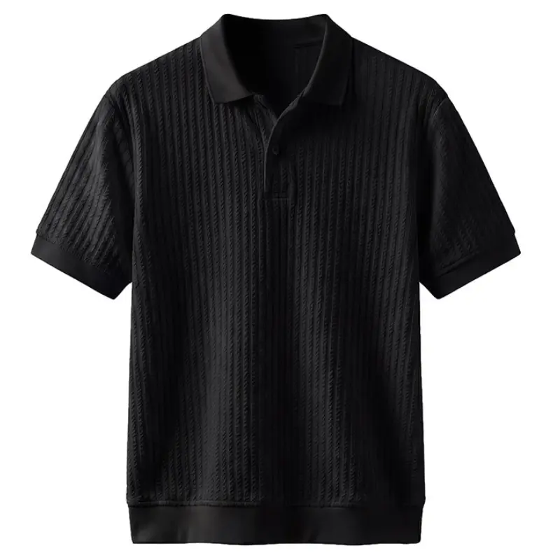 Men's Stylish Vertical Textured Knit Polo Shirt - Menswear Short-Sleeve Lightweight Top with Ribbed Trim, Stripe Detail, Hem for Summer Outfits, Plain, Basic, Shortsleeve, Classic, Breathable, H Type