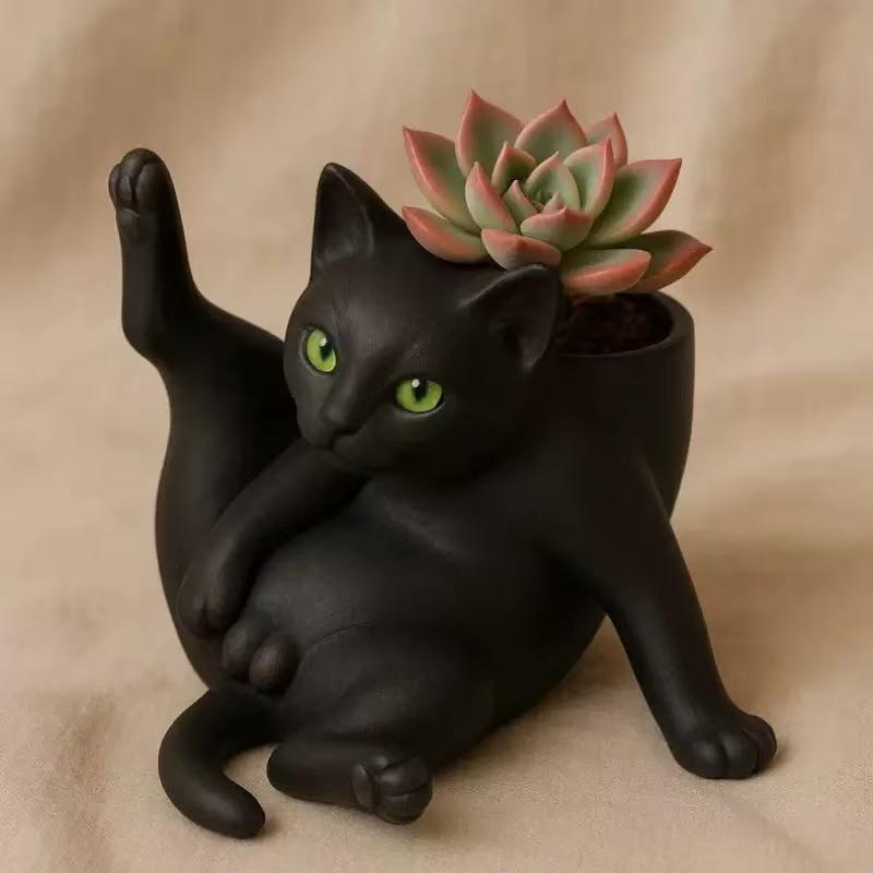Quirky Cross-Legged Black Cat Flower Pot - Creative Succulent Plant Ornament - Fun Desktop Decorative Gift - Atmosphere Decoration Suitable for Personalized Halloween Furniture Decor