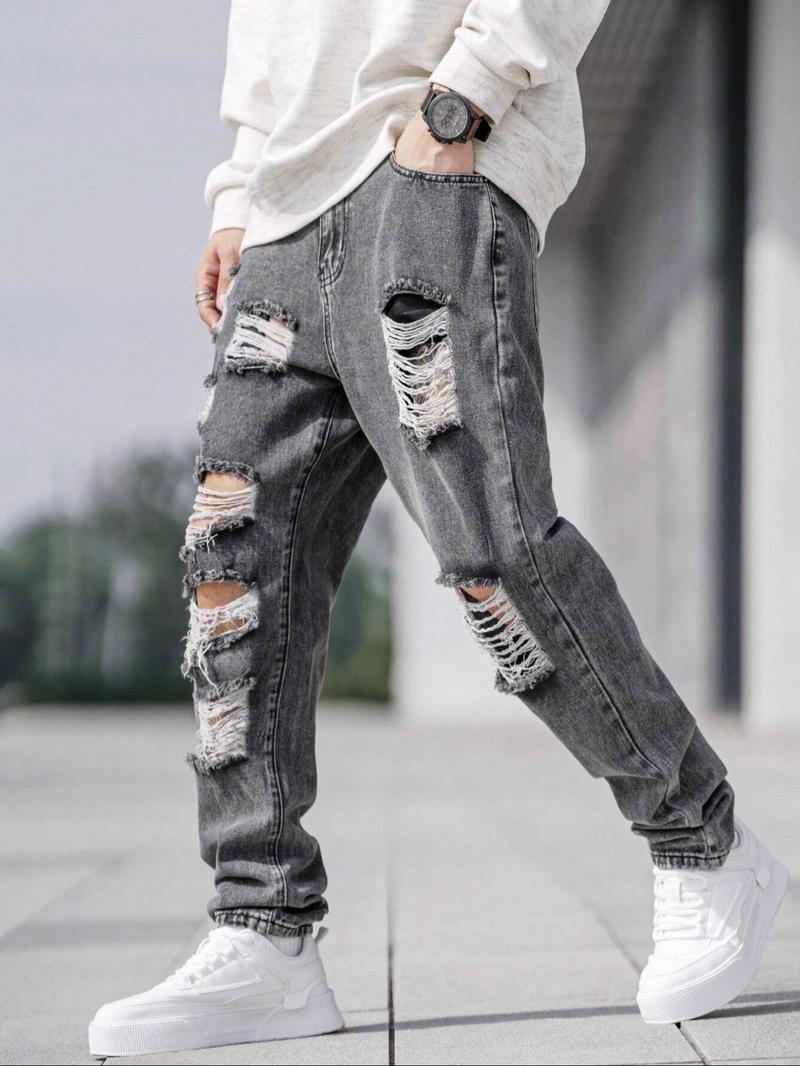 Men's Solid Color Distressed Ripped Jeans, Street Fashion Casual Comfy Grey Denim Pants for Daily Wear, Mens Bottoms for All Seasons, Cotton, Slouchy Jeans