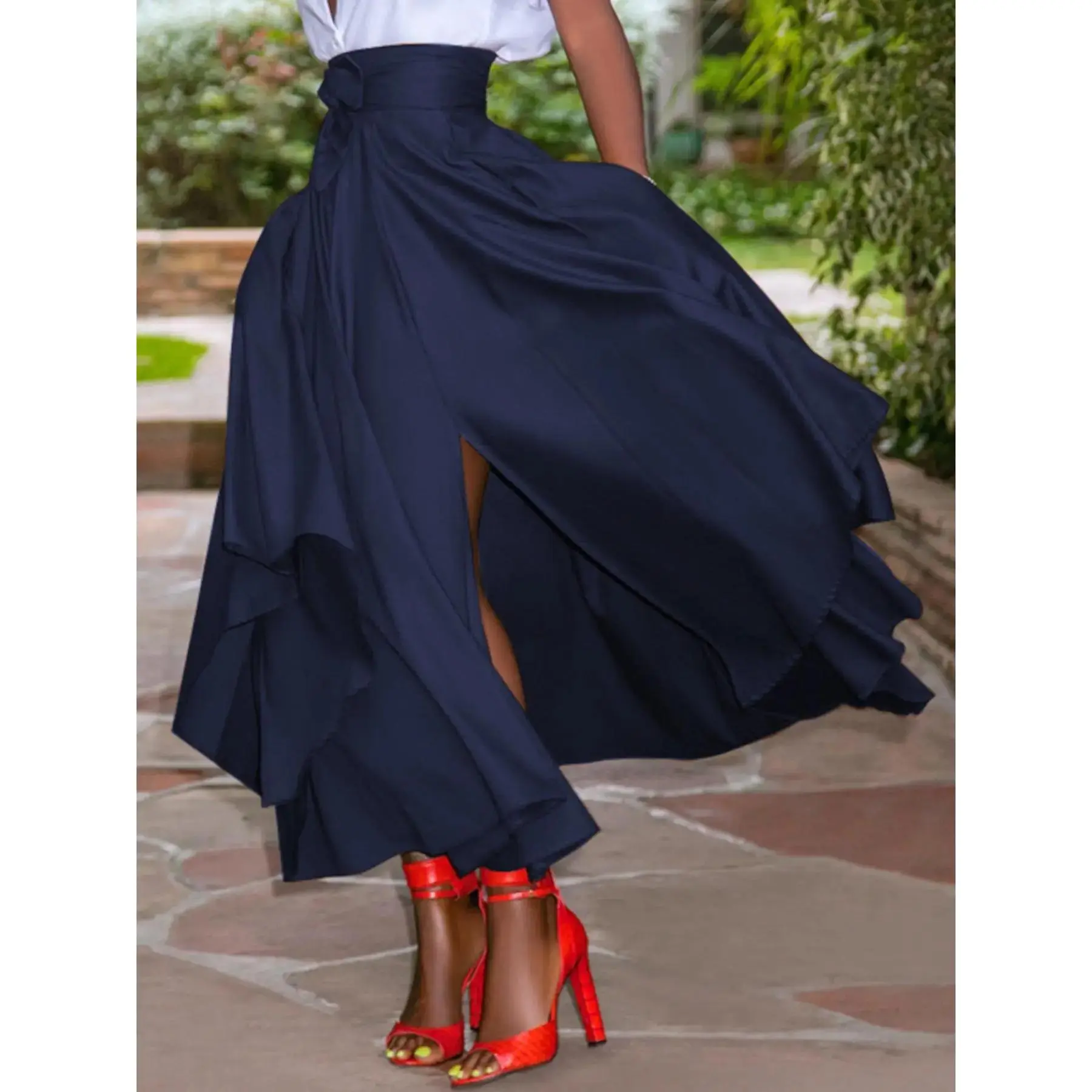 Women's Plain Belted Split Thigh Skirt, Elegant Chic Asymmetrical Hem Waist Long Skirt Party Club Dating Wear, Casual Ladies Clothes All Seasons, Womenswear