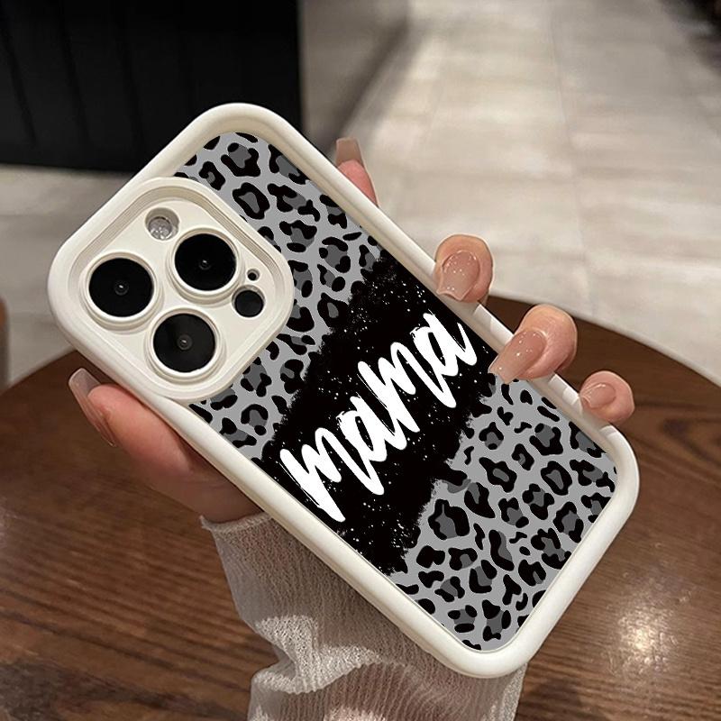 "MAMA" Leopard Print Case for iPhone 16 15 14 Pro Max 13 12 11 XR XS Plus Shockproof Drop Protection Rugged Durable Silicone Cover