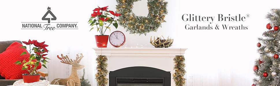 National Tree Company 6 ft Pre-Lit Glittery Bristle Artificial Christmas Garland, Christmas Decoration with Pinecones, 50 Warm White LED Lights, 138 Tips, Timer, Green