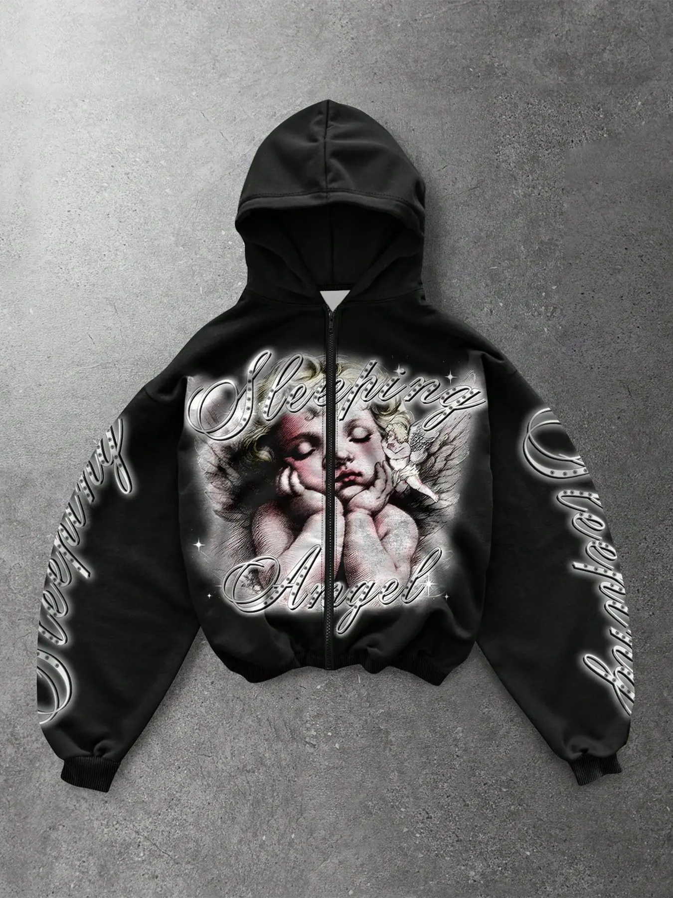 Men's Loose Full-Zip Hooded Jacket With Vintage Sleeping Angel Graphic Print, Suitable For Gothic Street Style, Hip Hop Style And Trendy Daily Outfits