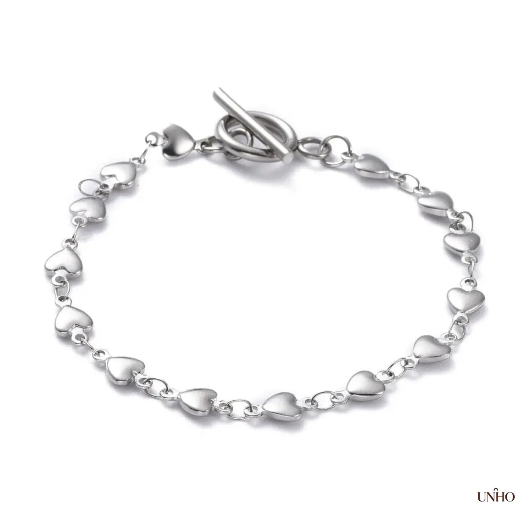 7.5 Inch Stainless Steel Heart Toggle Chain Bracelet Style Z163, Polished Silver Tone Dainty Link Wrist Jewelry With Heart Shaped Toggle Clasp, Hypoallergenic Anti-Tarnish Stackable Accessory For Women Daily Casual Dating And Minimalist Outfit Styling