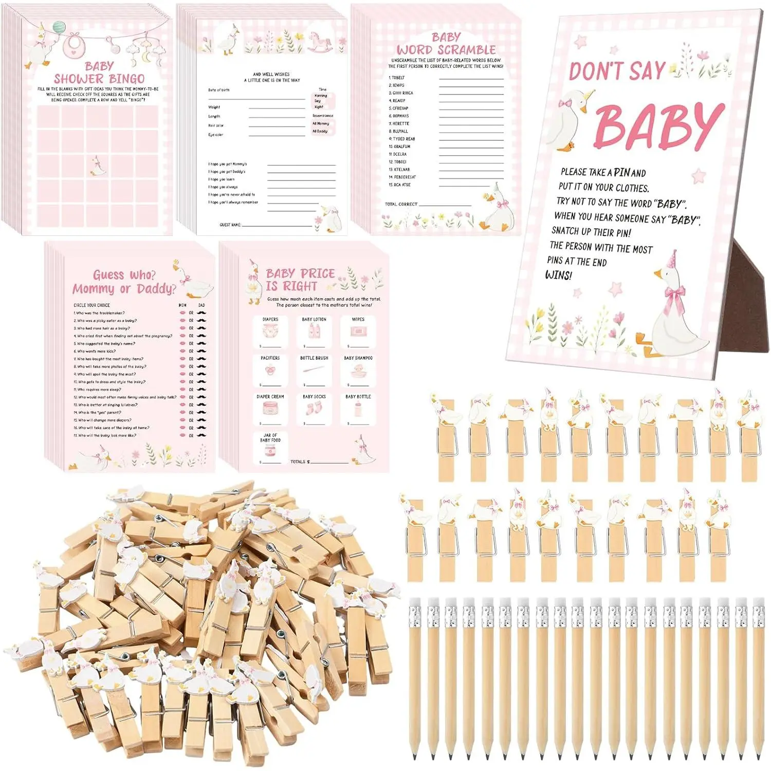 321-Piece Silly Goose Baby Shower Game Kit Full Set, 5 Activity Card Sets, 20 Pencils, 1 Large Don't Say Baby Sign, 50 Clothespins, Price Is Right & Word Scramble Party Gifts Supplies, Large Sign, Wooden Pins, Traditional