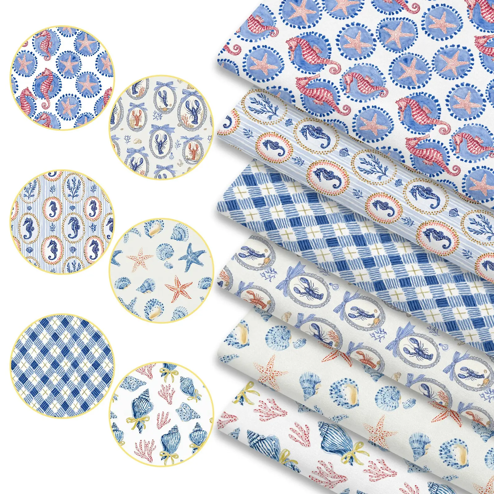 6pcs Preppy Blue Marine Life Print Fabric Bundles, 45cm*50cm/17.72in*19.69in Ocean Creatures Fabric Squares for Quilting, Patchwork Sewing Material for Bedding, Tablecloth, Bags, Masks, Hats, Headbands, Pillowcases