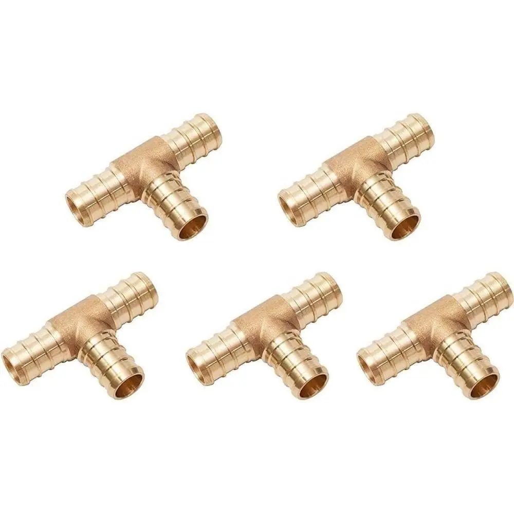 1/2 x 1/2 x 1/2 Inch PEX Barbed Tee Connector Fitting Crimp Brass for PEX Pipe Tubing, No Lead 5 in Pack
