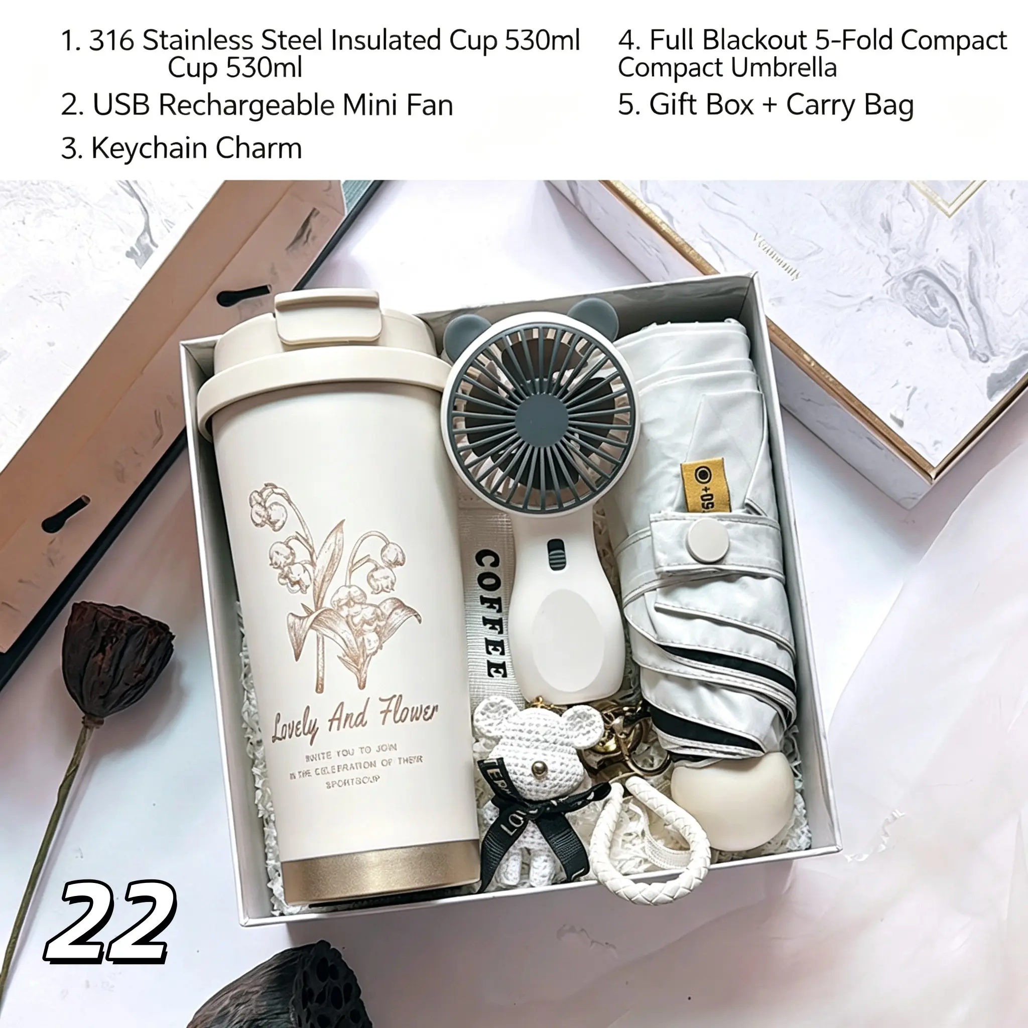 1Set Multi-functional Souvenir Gift Box Set, Combo with Handheld Mini Fan, Insulated Water Bottle, Sun Protection Umbrella, Keychain & Phone Stand, All-Season Gift for Parties & Holidays, Perfect Gift Bundle