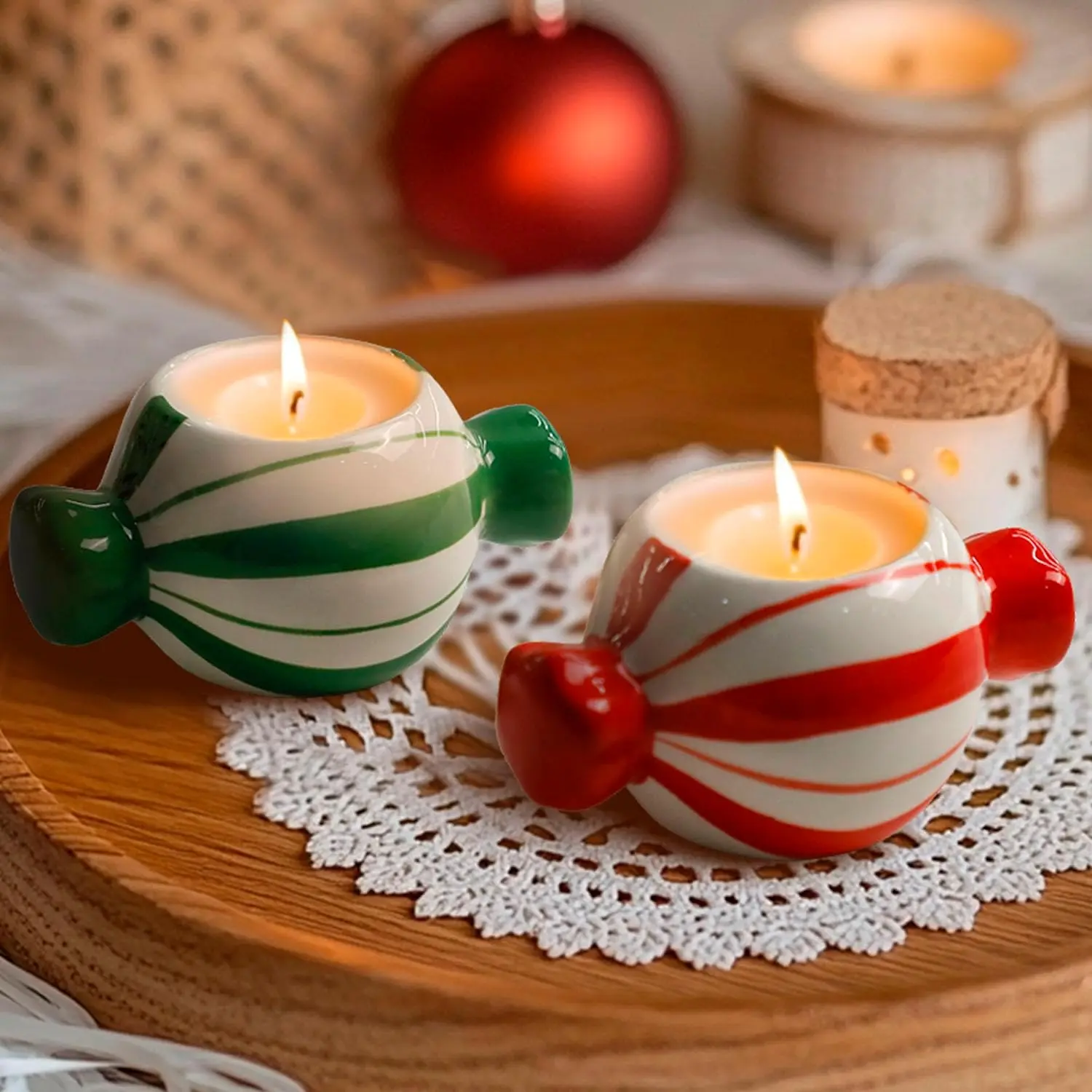 Candy Ceramic Candle Holders 2 count,Christmas r Candlestick Holders Centerpieces for  Wedding Xmas Dinning Party for 1.5 inch Candle and Led Candle(Red + Green)