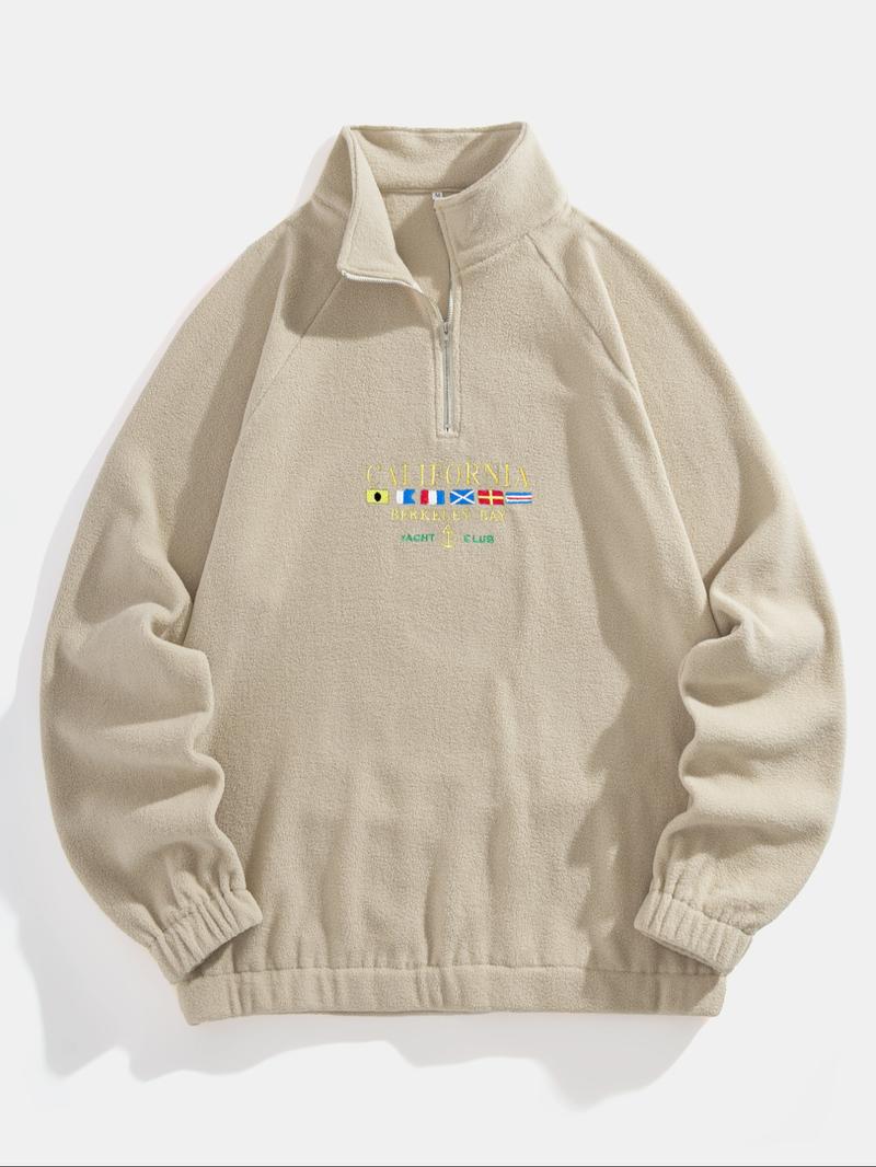 Men's Letter & Flag Embroidery Zip Up Sweatshirt, Casual Raglan Sleeve Long Sleeve Stand Collar Sweatshirt for Fall & Winter, Fashion Men's Clothes for Daily Wear