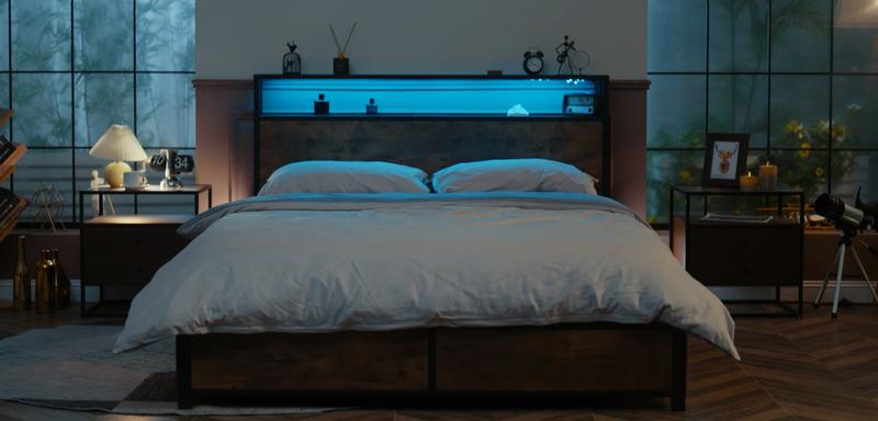 Queen Bed Frame with 2-Tier Storage Headboard, Metal Platform Bed Frame with 4 Storage Drawers, Built in Charging Station & LED, Noise-Free/Metal Support/No Box Spring Needed, Vintage Brown